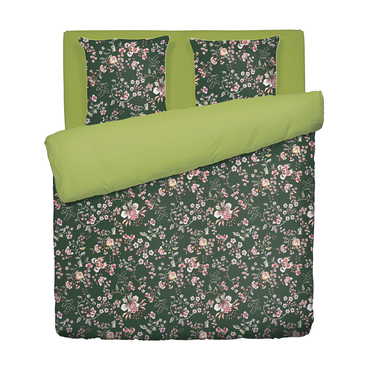 Housse de couette + taie(s) d'oreiller satin de coton - Murmure floral Vert