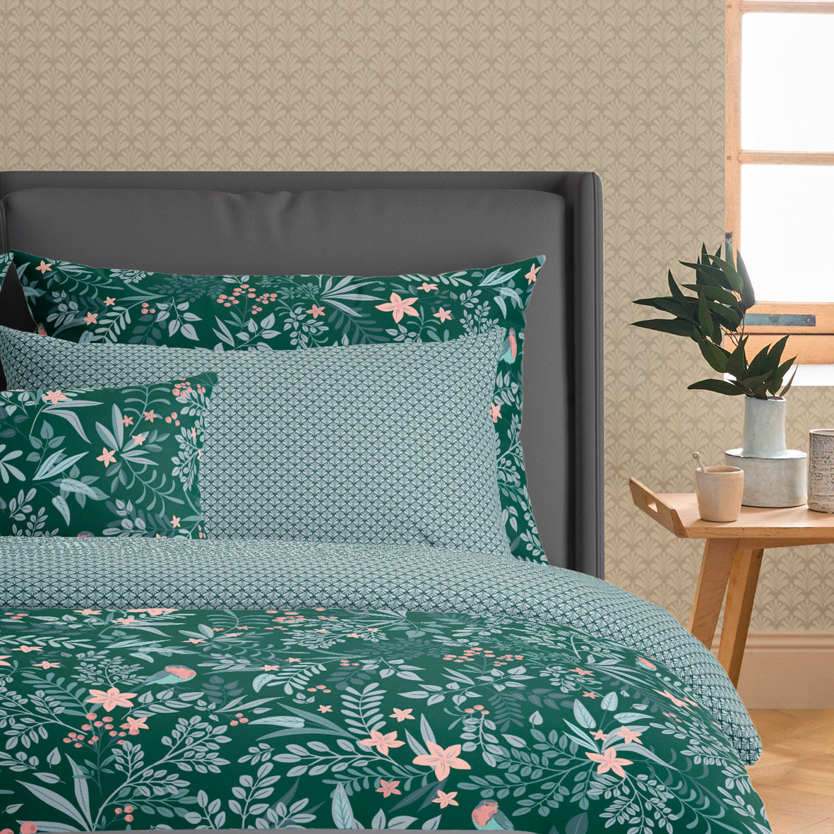 Pillowcase(s) cotton satin - Harmonie des oiseaux Green
