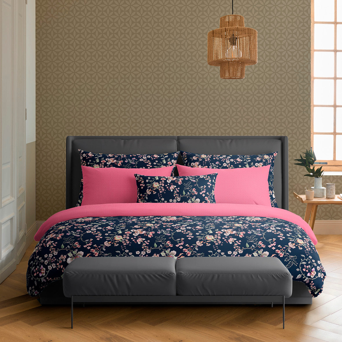 Flat sheet cotton satin - Murmure floral Dark blue