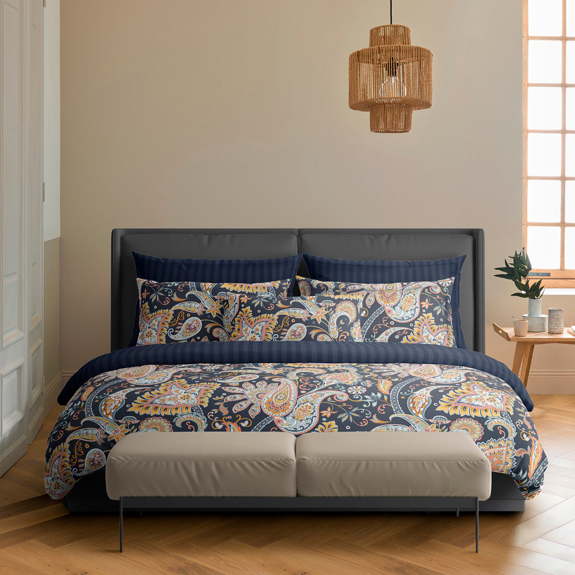 Duvet cover + pillowcase(s) cotton satin - Boteh  Dark blue / Gold