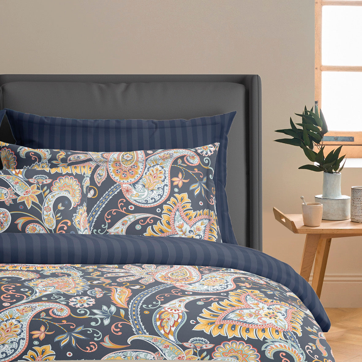 Duvet cover + pillowcase(s) cotton satin - Boteh  Dark blue / Gold