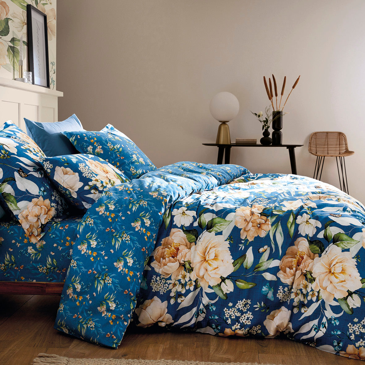 Flat sheet cotton satin - Jardin de Fleurs Blue