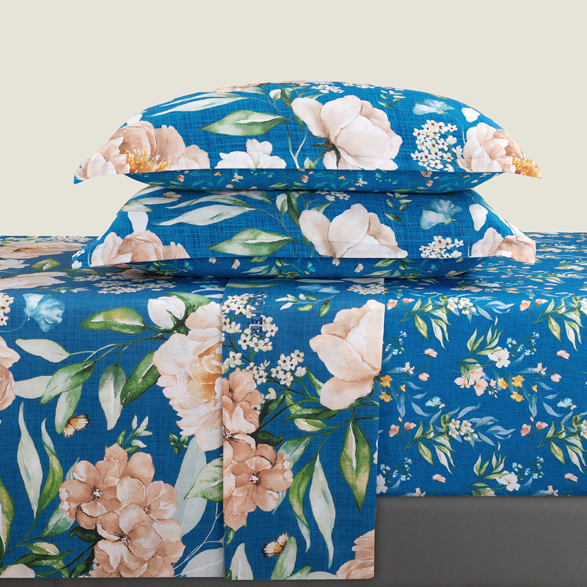 Ensemble de draps satin de coton - Jardin de Fleurs Bleu