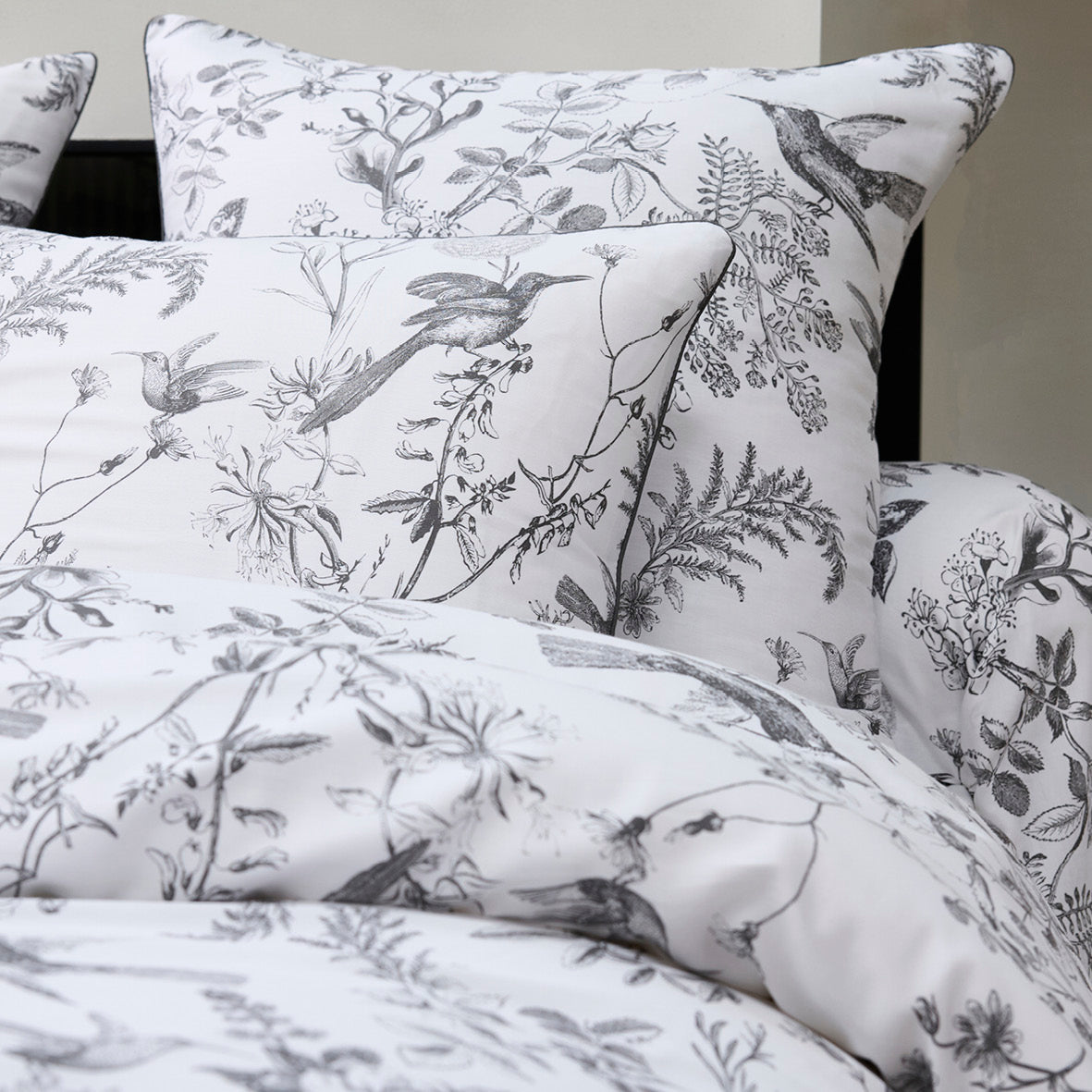 Flat sheet cotton satin - Colibri botanique Black grey