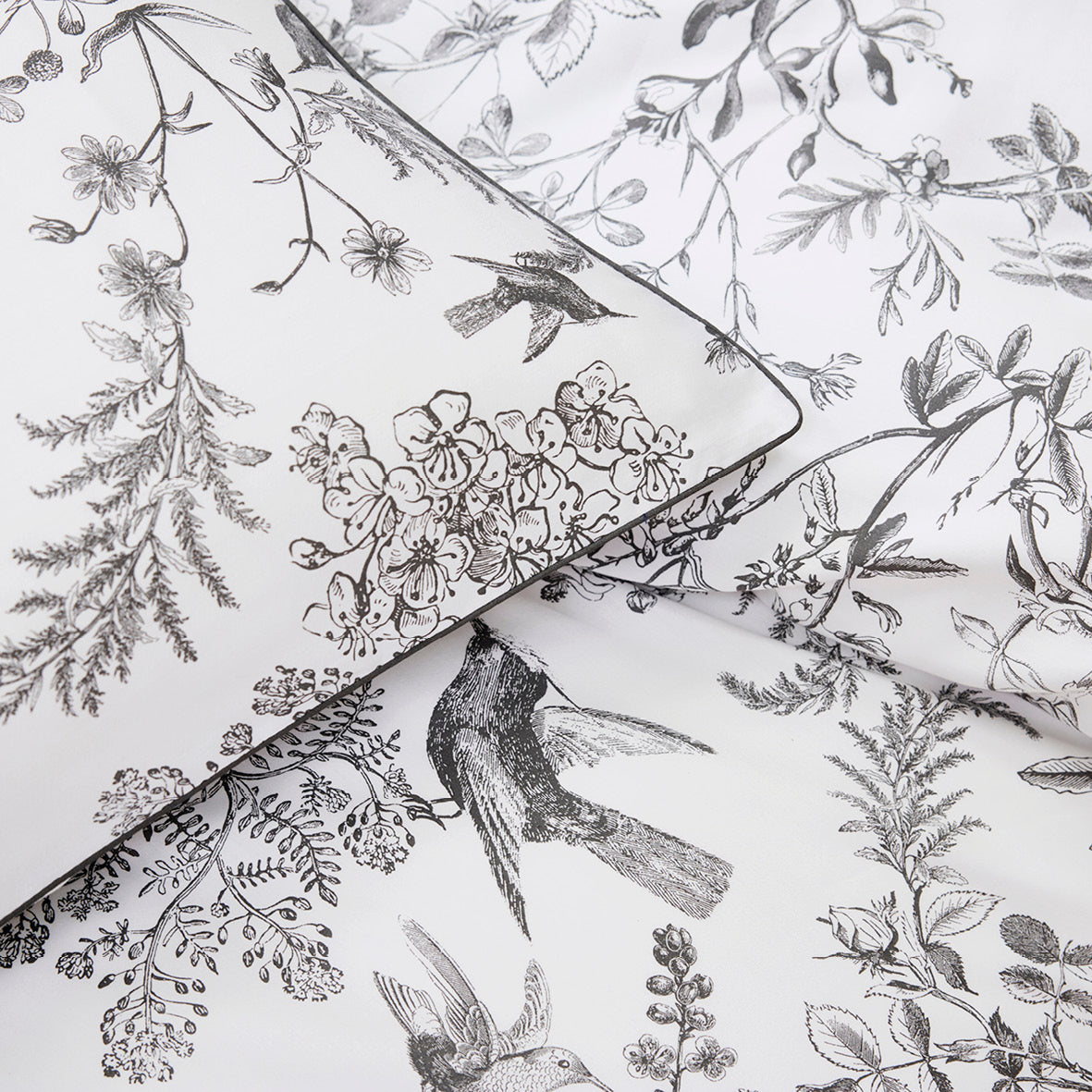 Flat sheet cotton satin - Colibri botanique Black grey