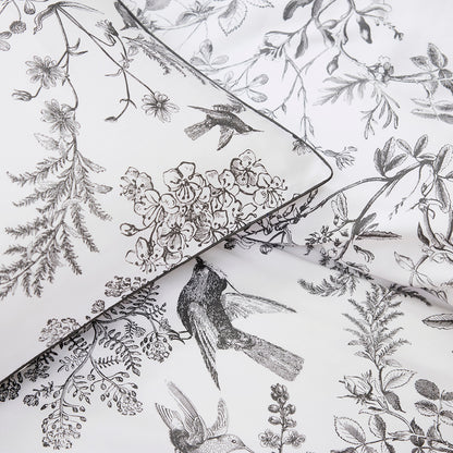 Flat sheet cotton satin - Colibri botanique Black grey