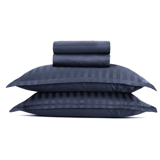 Sheet set cotton satin - Dobby stripe woven Dark blue