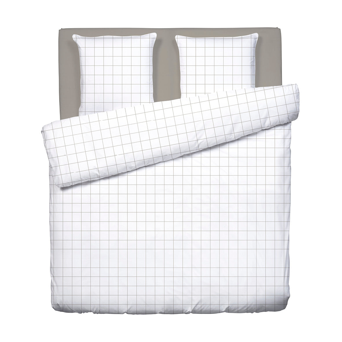 Duvet cover + pillowcase(s) cotton satin - Grands carreaux White / Taupe 260 x 240 cm + 2 x (63 x 63 cm)