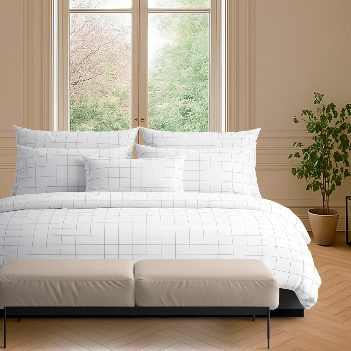 Duvet cover + pillowcase(s) cotton satin - Grands carreaux White / Taupe