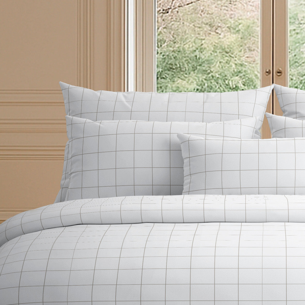 Duvet cover + pillowcase(s) cotton satin - Grands carreaux White / Taupe