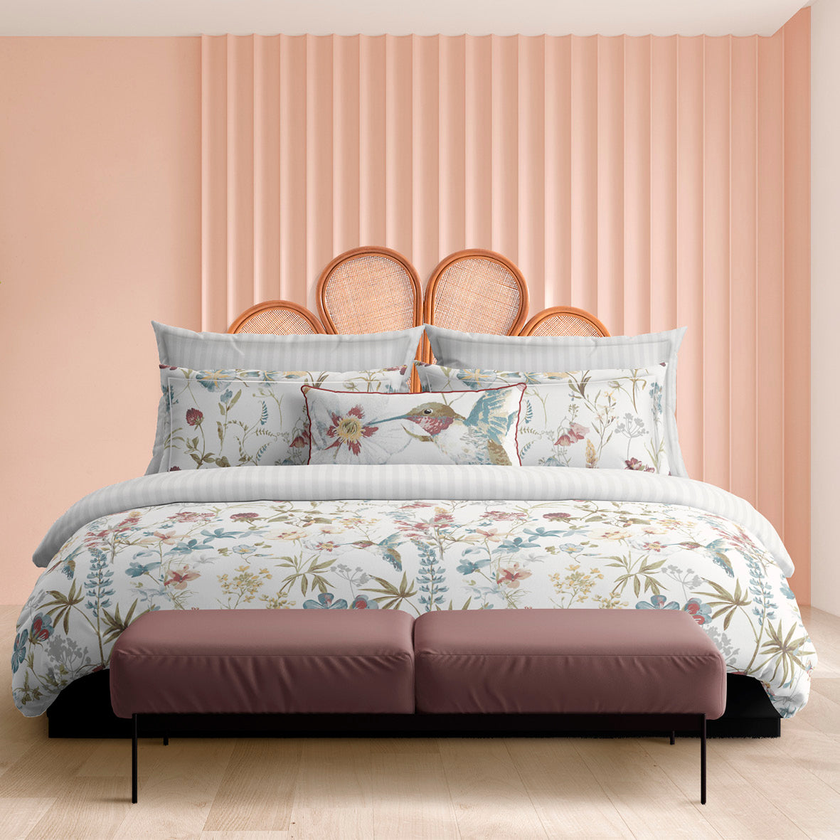 Duvet cover + pillowcase(s) cotton satin - Colibri chantant White