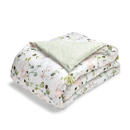 Quilt with tassels cotton satin - Eclat d'eucalyptus White - 140 x 200 cm