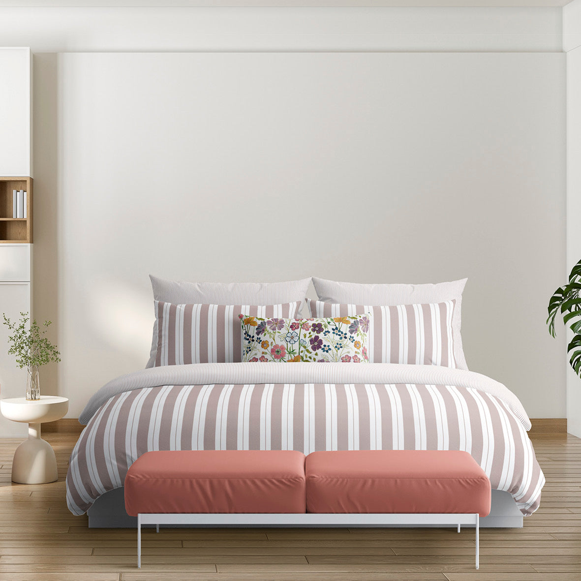 Fitted sheet cotton satin - Fines rayures Old pink