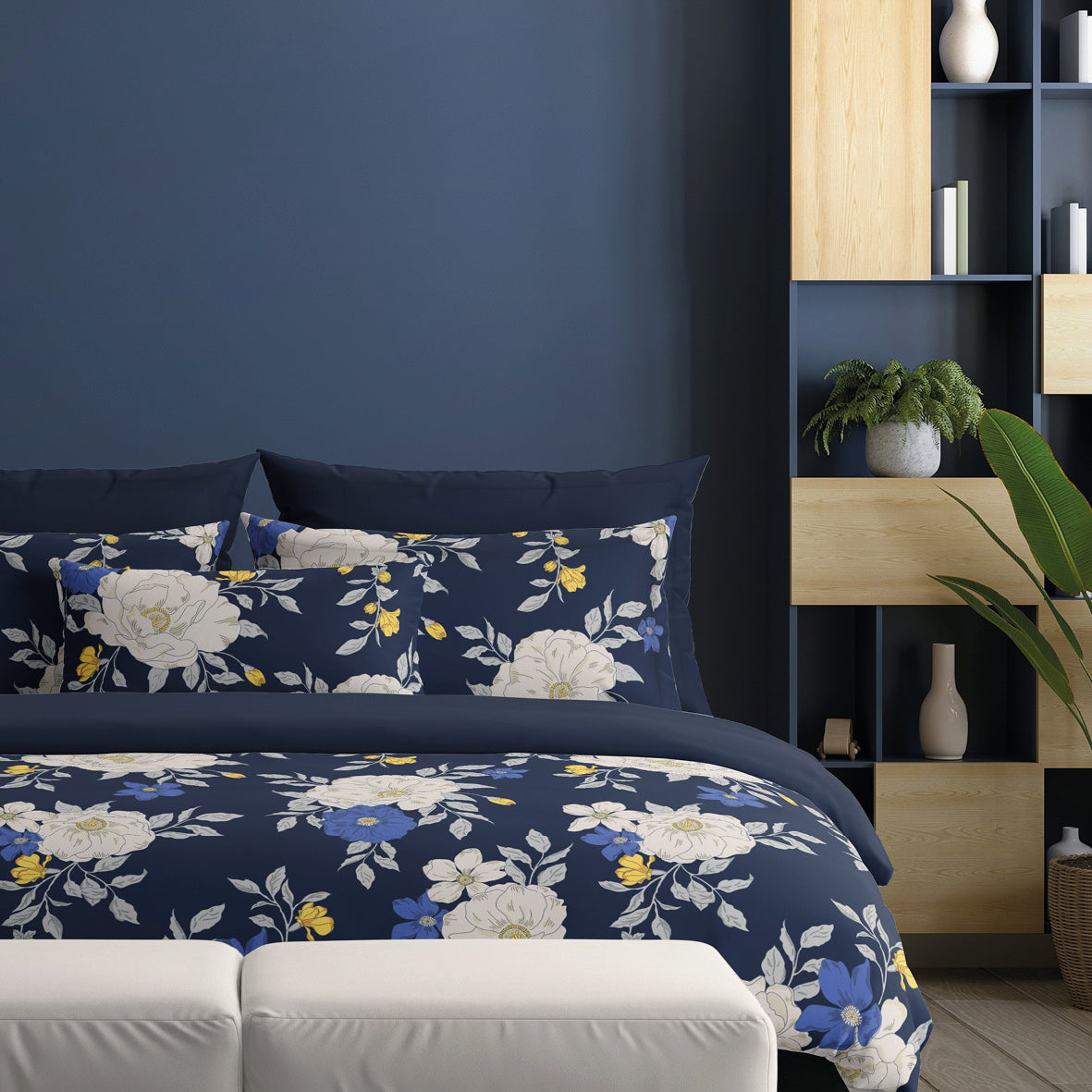 Duvet cover + pillowcase cotton satin - Nuit fleurie Dark blue