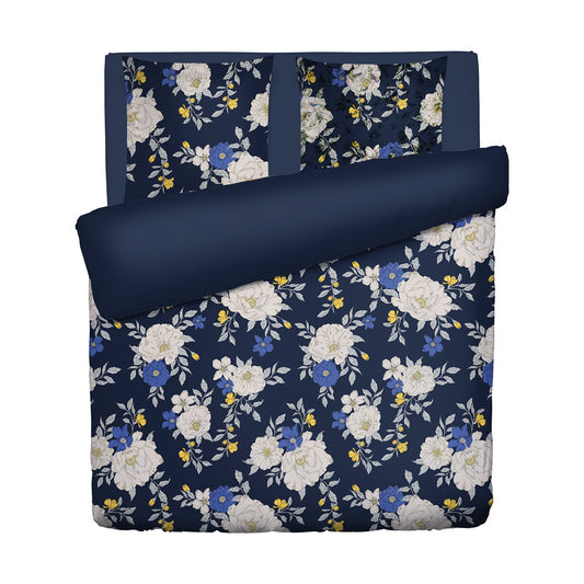 Duvet cover + pillowcase cotton satin - Nuit fleurie Dark blue