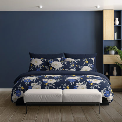 Flat sheet cotton satin - Nuit Fleurie Dark blue