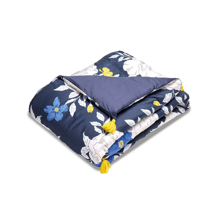 Quilt with tassels cotton satin - Nuit Fleurie Dark blue