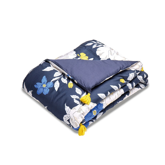 Quilt with tassels cotton satin - Nuit Fleurie Dark blue