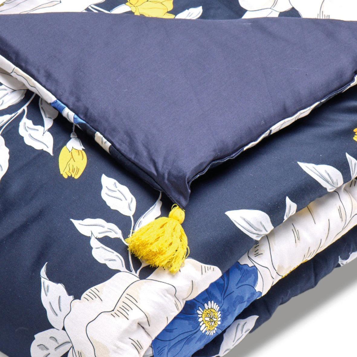 Quilt with tassels cotton satin - Nuit Fleurie Dark blue