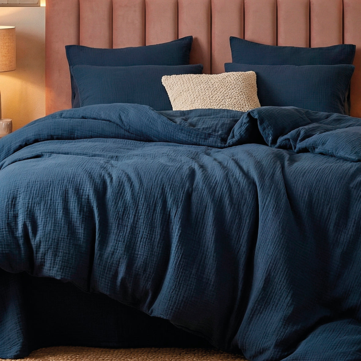 Quilt with tassels cotton gauze - Uni Blue - 140 x 200 cm