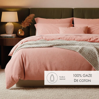 Duvet cover + pillowcase cotton gauze - Uni Pink