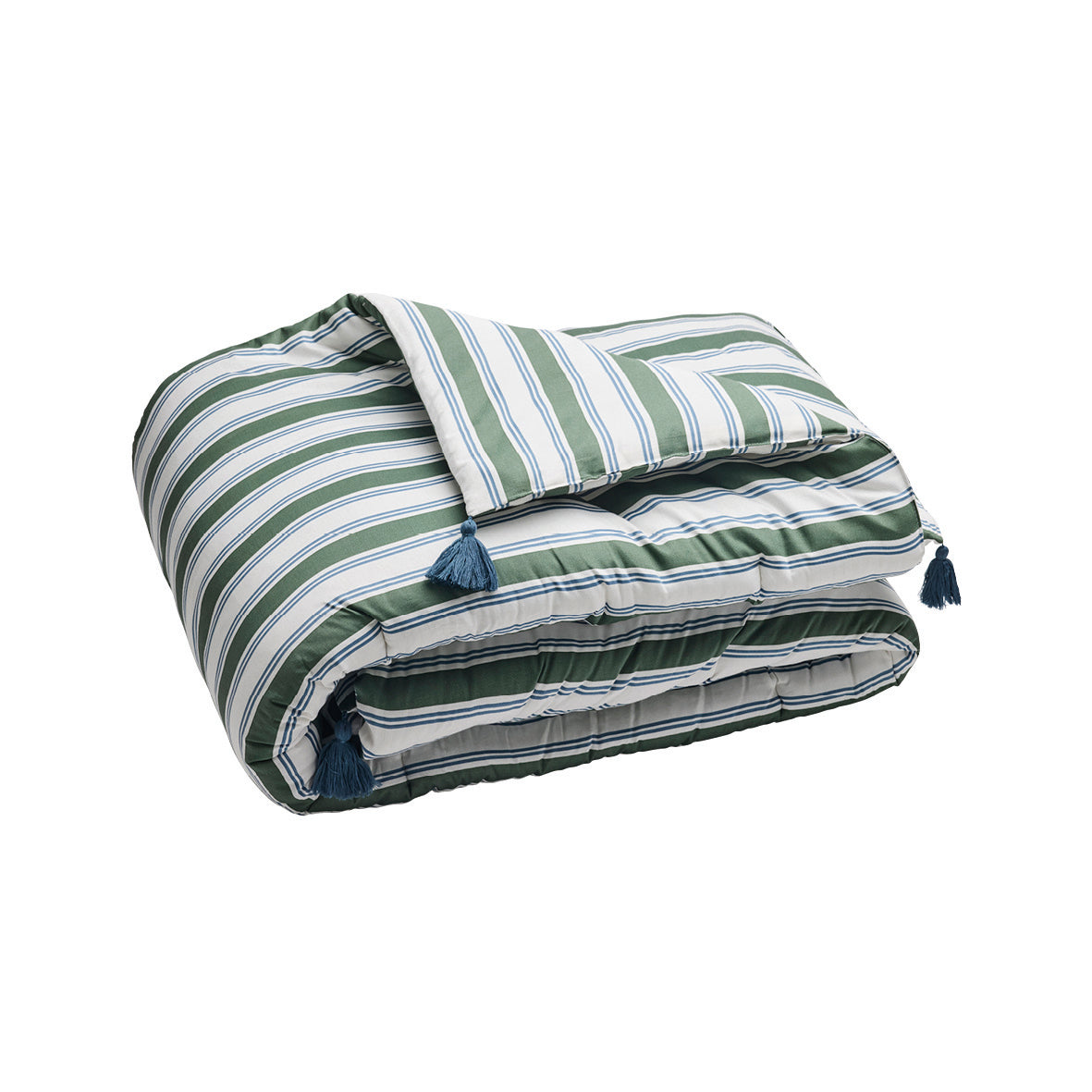 Quilt with tassels cotton satin - Lorine Green / Blue - 140 x 200 cm