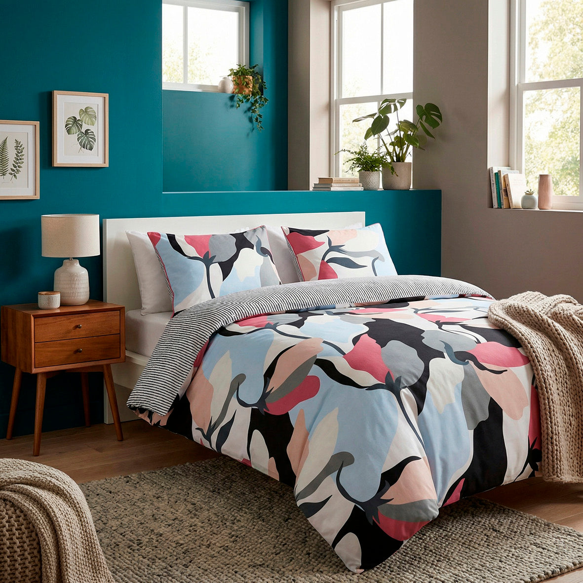 Duvet cover + pillowcase cotton satin - Poésie florale Light blue