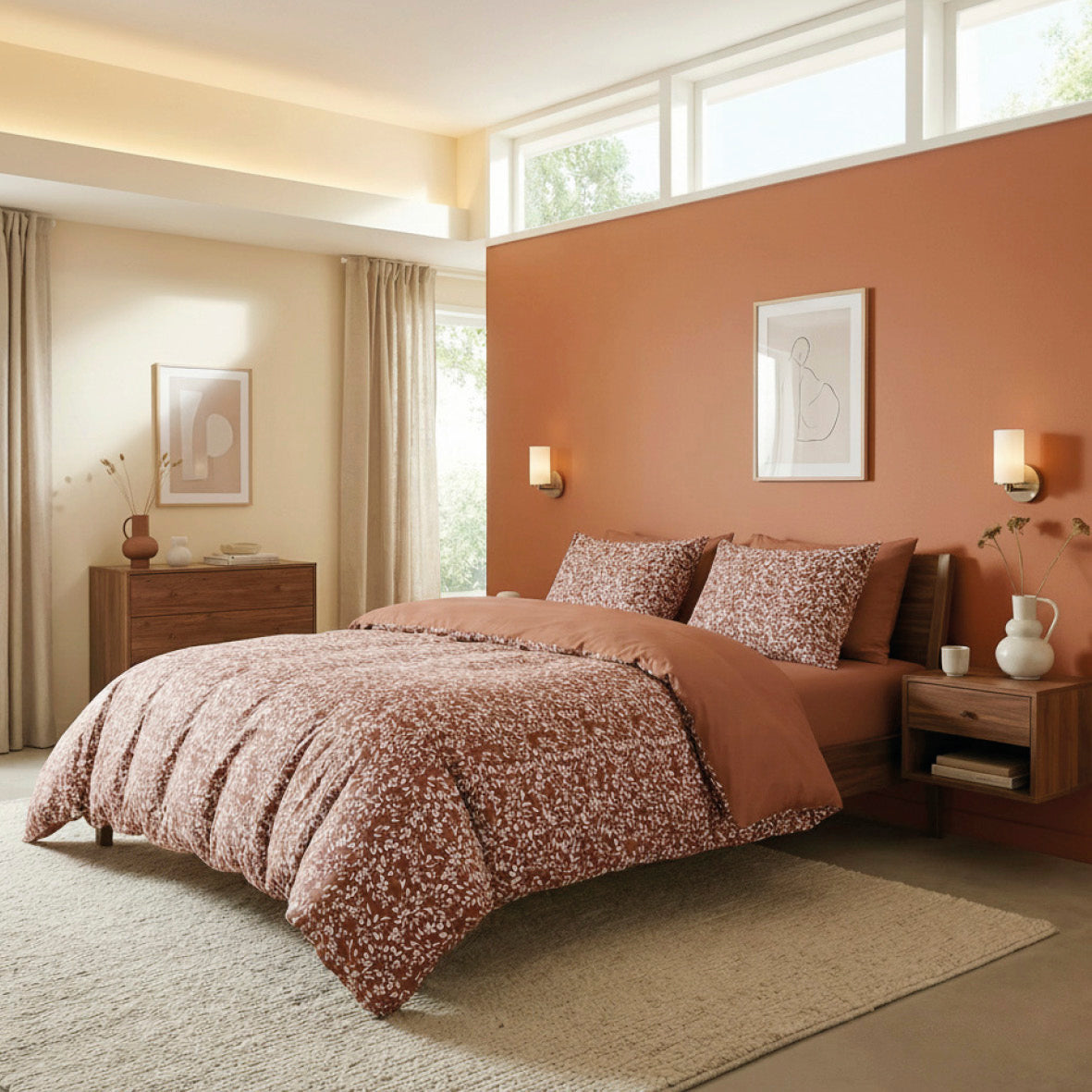 Pillowcase cotton satin - Floréal Terracotta 01