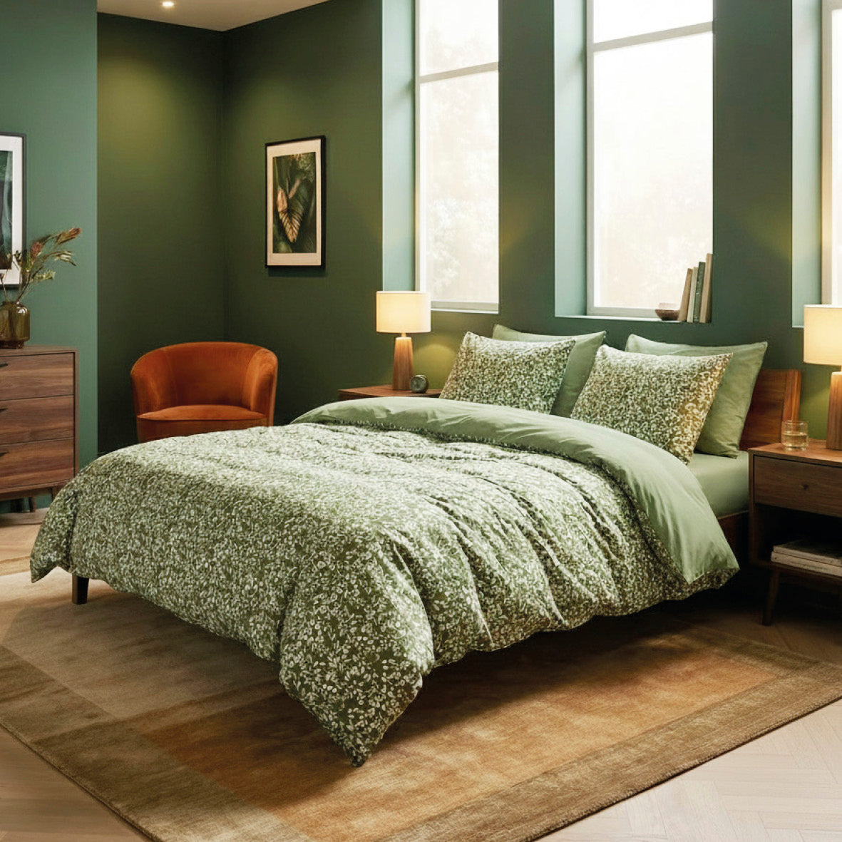 Duvet cover + pillowcase cotton satin - Floréal Green