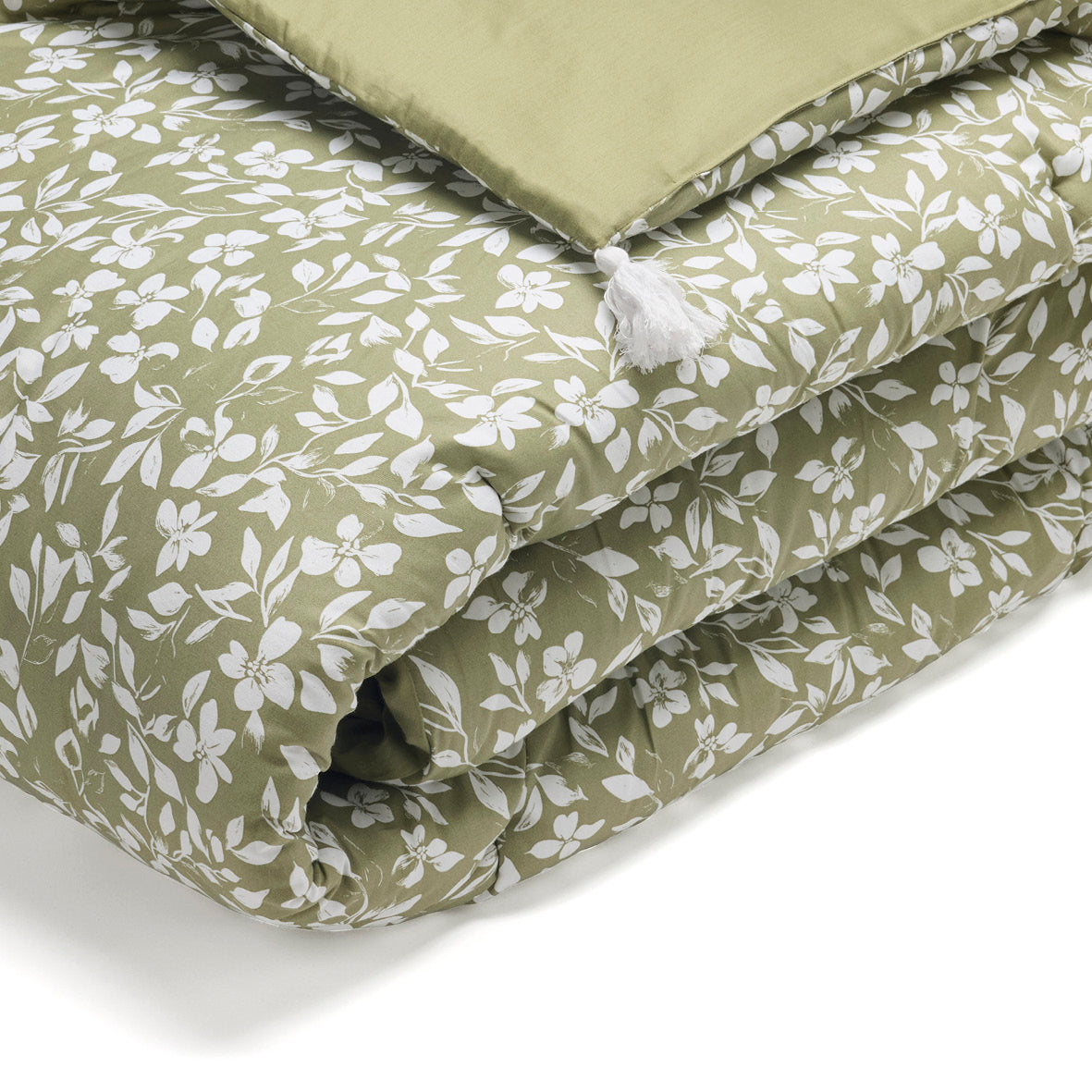 Quilt with tassels cotton satin - Floréal Green - 140 x 200 cm