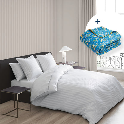 Sheet set + bedspread cotton satin - Dobby stripe woven / Belle de Nuit White / Blue