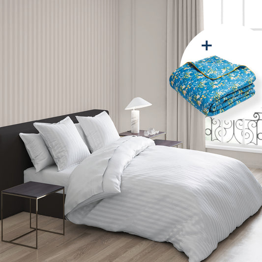 <p>Ensemble de draps + couvre-lit de cotton satin - Dobby stripe woven / Belle de Nuit Blanc / Bleu</p>