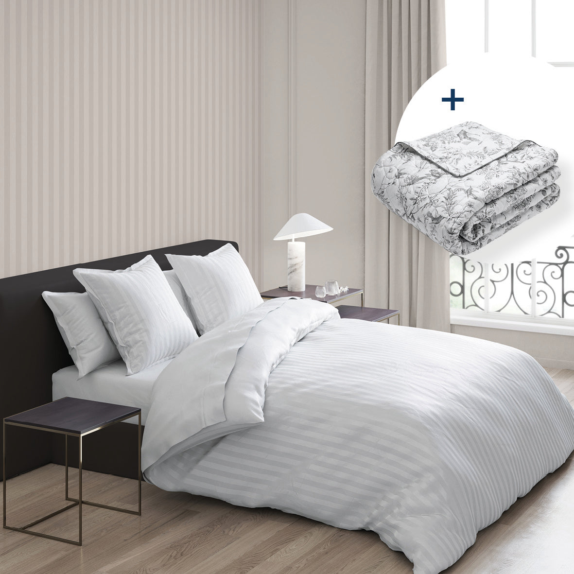 Sheet set + bedspread cotton satin - Dobby stripe woven / Colibri botanique White / Black grey