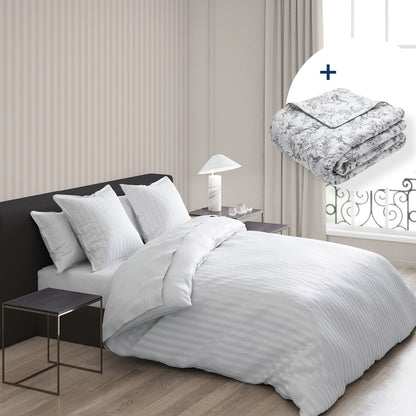 Sheet set + bedspread cotton satin - Dobby stripe woven / Colibri botanique White / Black grey