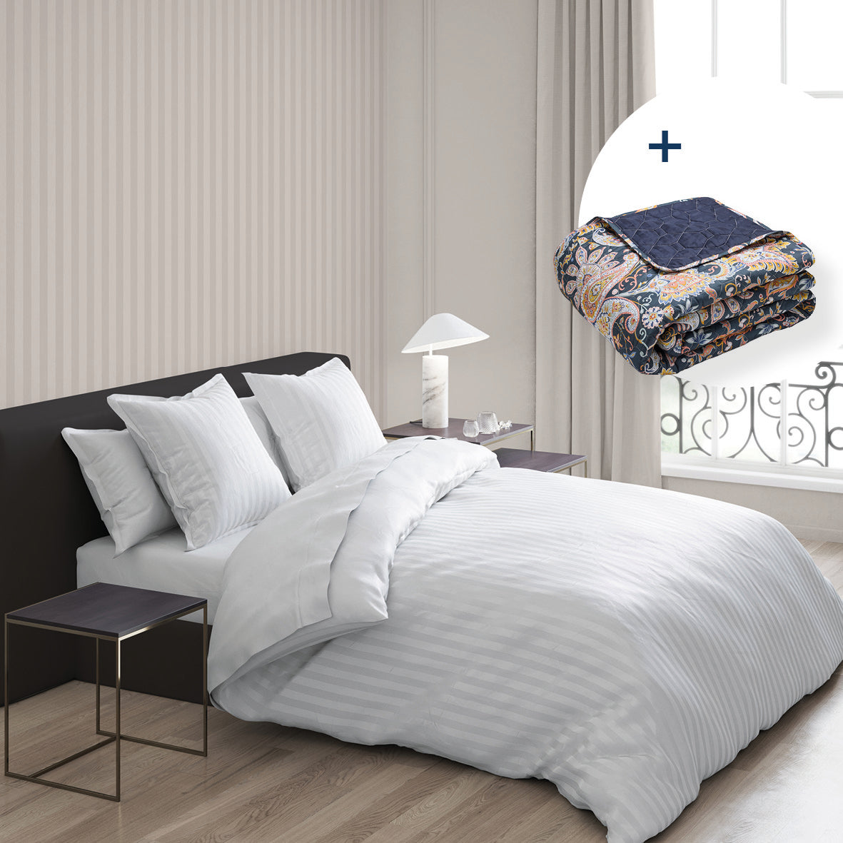 Sheet set + bedspread cotton satin - Dobby stripe woven / Boteh White / Dark blue / Gold