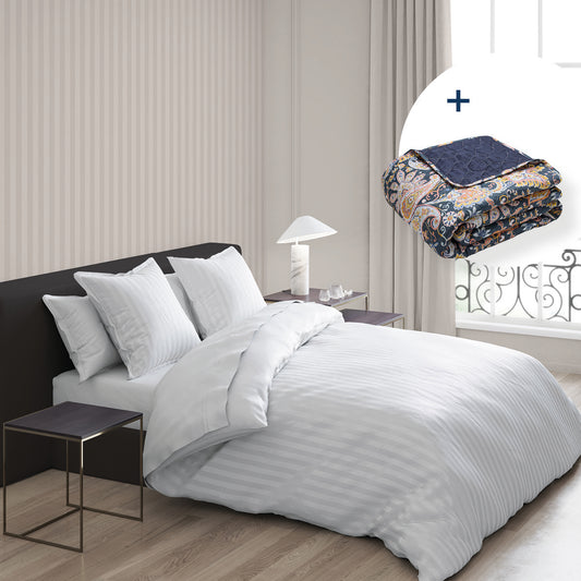 <p>Ensemble de draps + couvre-lit de cotton satin - Dobby stripe woven / Belle de Nuit Blanc/Bleu fonc�/Dor�</p>