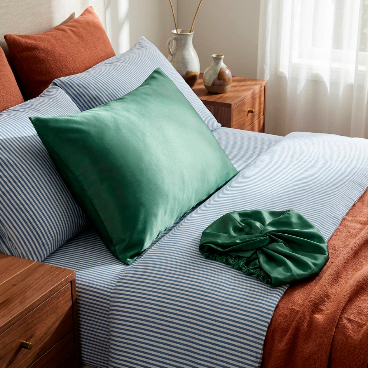 Pillowcase + nightcap silk - Nuit de soie Sage green