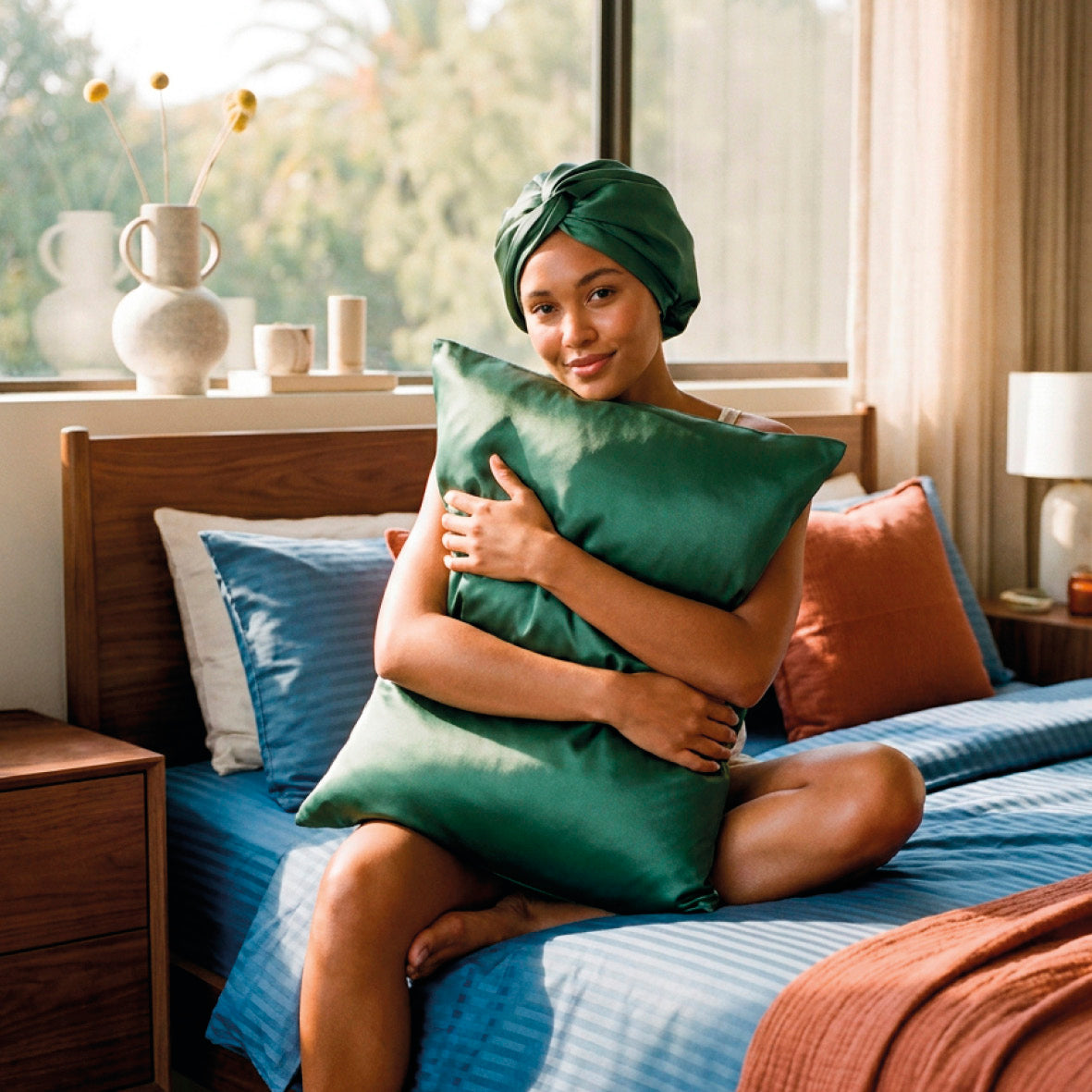 Pillowcase + nightcap silk - Nuit de soie Sage green