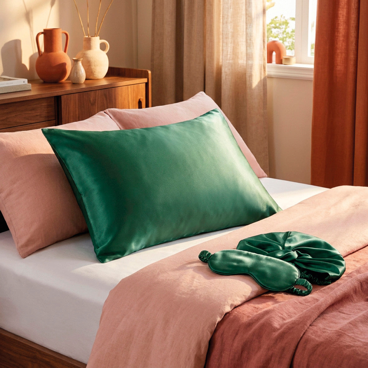 Pillowcase + eyemask + nightcap silk - Nuit de soie Sage green
