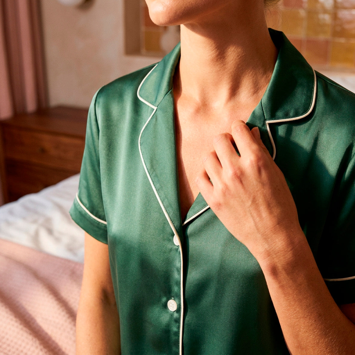 Short pajamas set silk - Noctéa Sage green