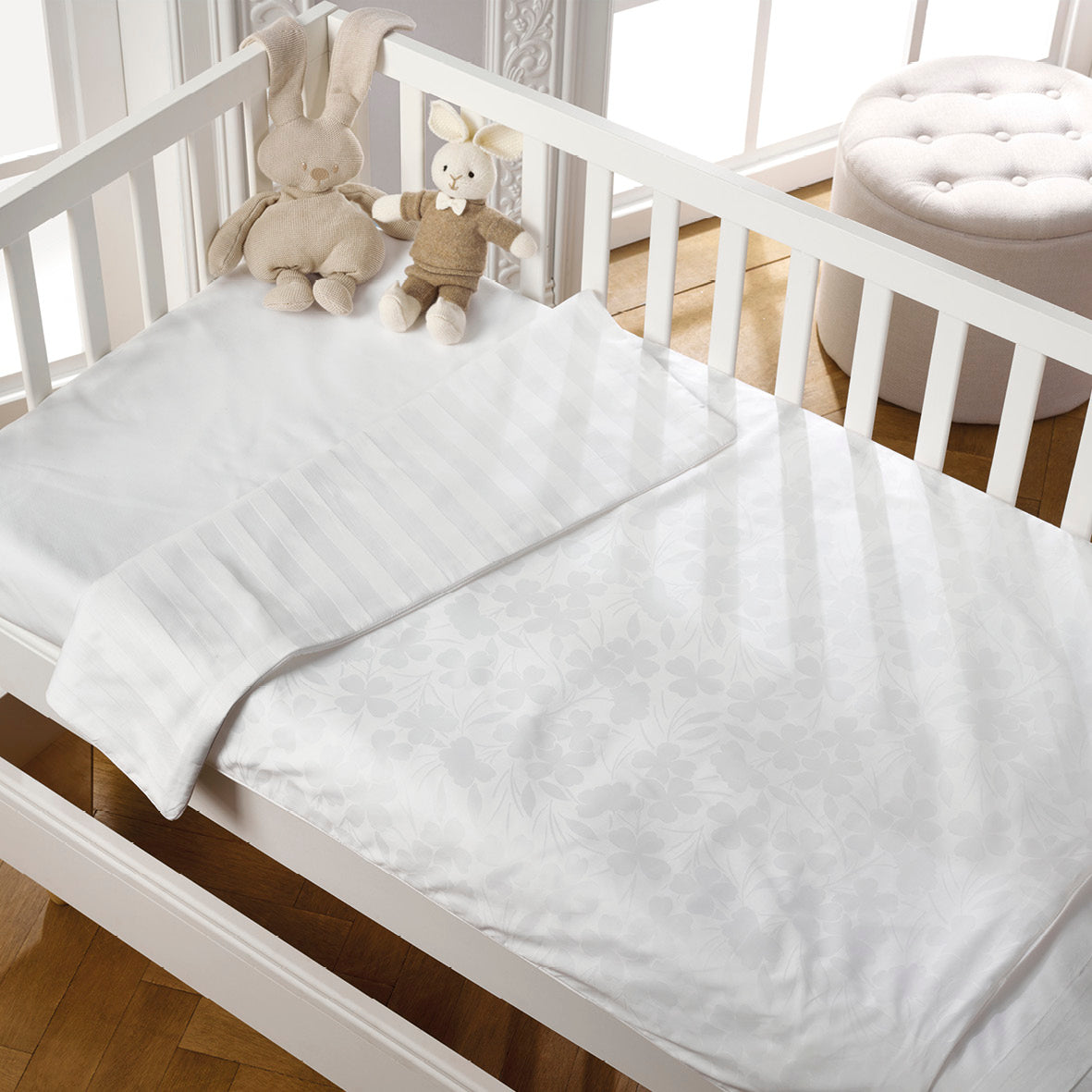 Duvet cover + pillowcase(s) baby cotton satin -Jacquard woven - Petit Chênes White