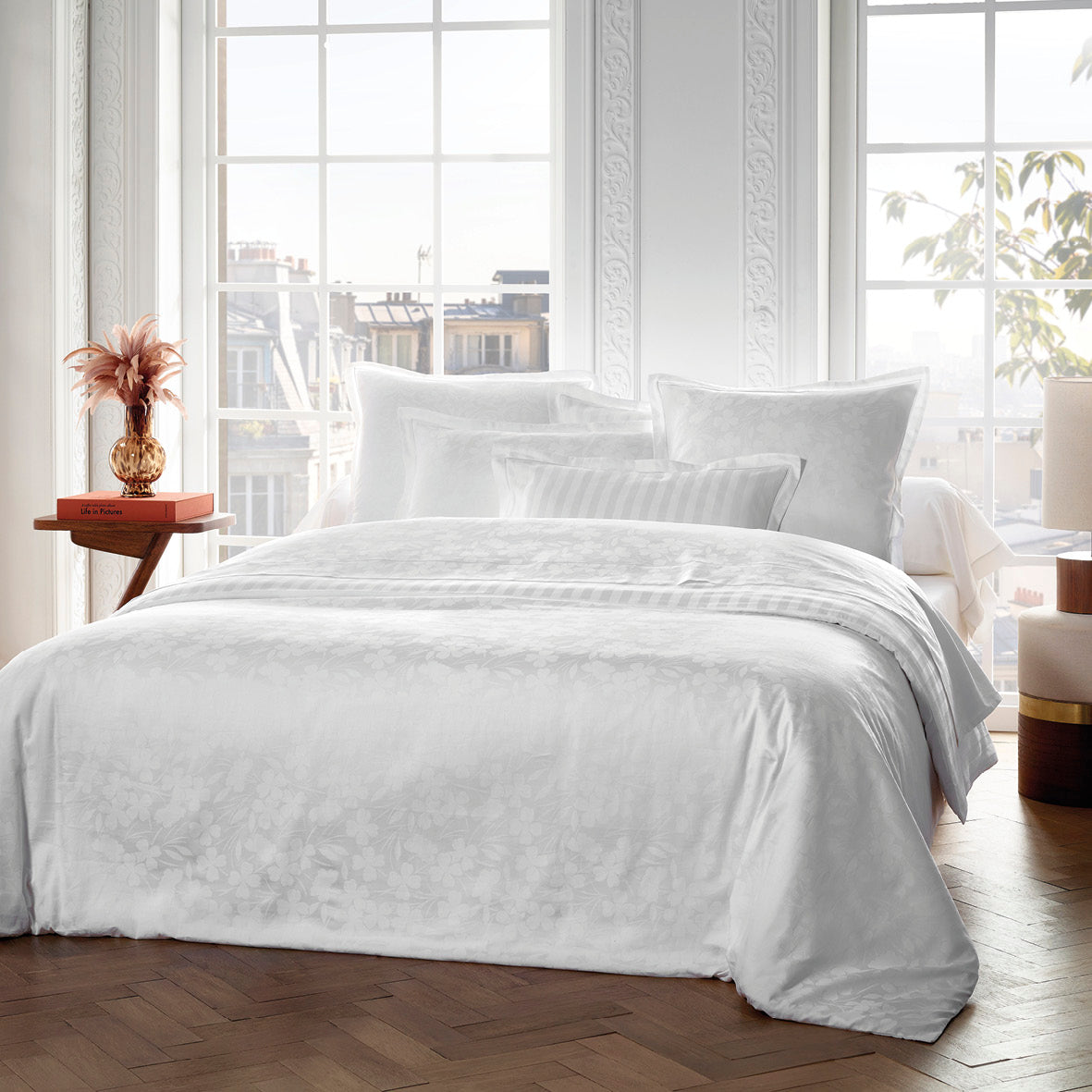 Duvet cover + pillowcase(s) cotton Jacquard woven - Petit Chênes White