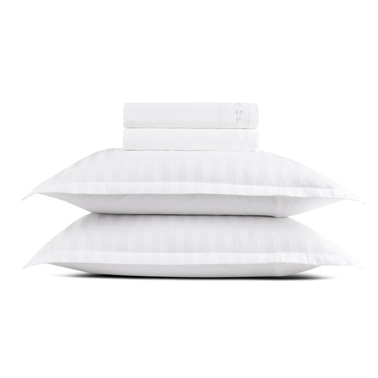Sheet set : fitted sheet, flat sheet, pillowcase(s) in satin cotton - Jacquard woven - Dobby stripe white