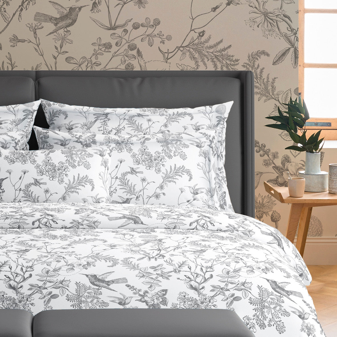 Pillowcase(s) cotton satin - Colibri Botanique Black grey
