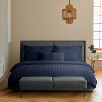 Duvet cover + pillowcase(s) cotton satin - Jacquard woven - dobby stripe dark blue