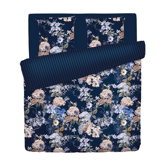 Duvet cover + pillowcase(s) cotton satin - Floraison d'hortensias dark blue