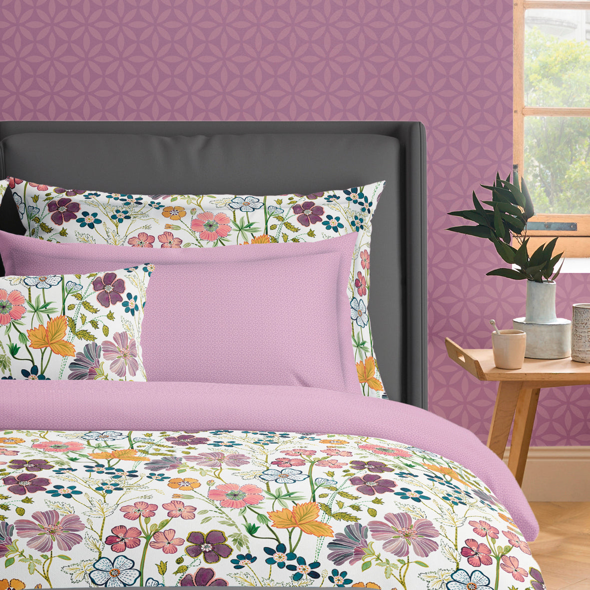 Taie(s) d'oreiller satin de coton - Fleurs vintage Blanc