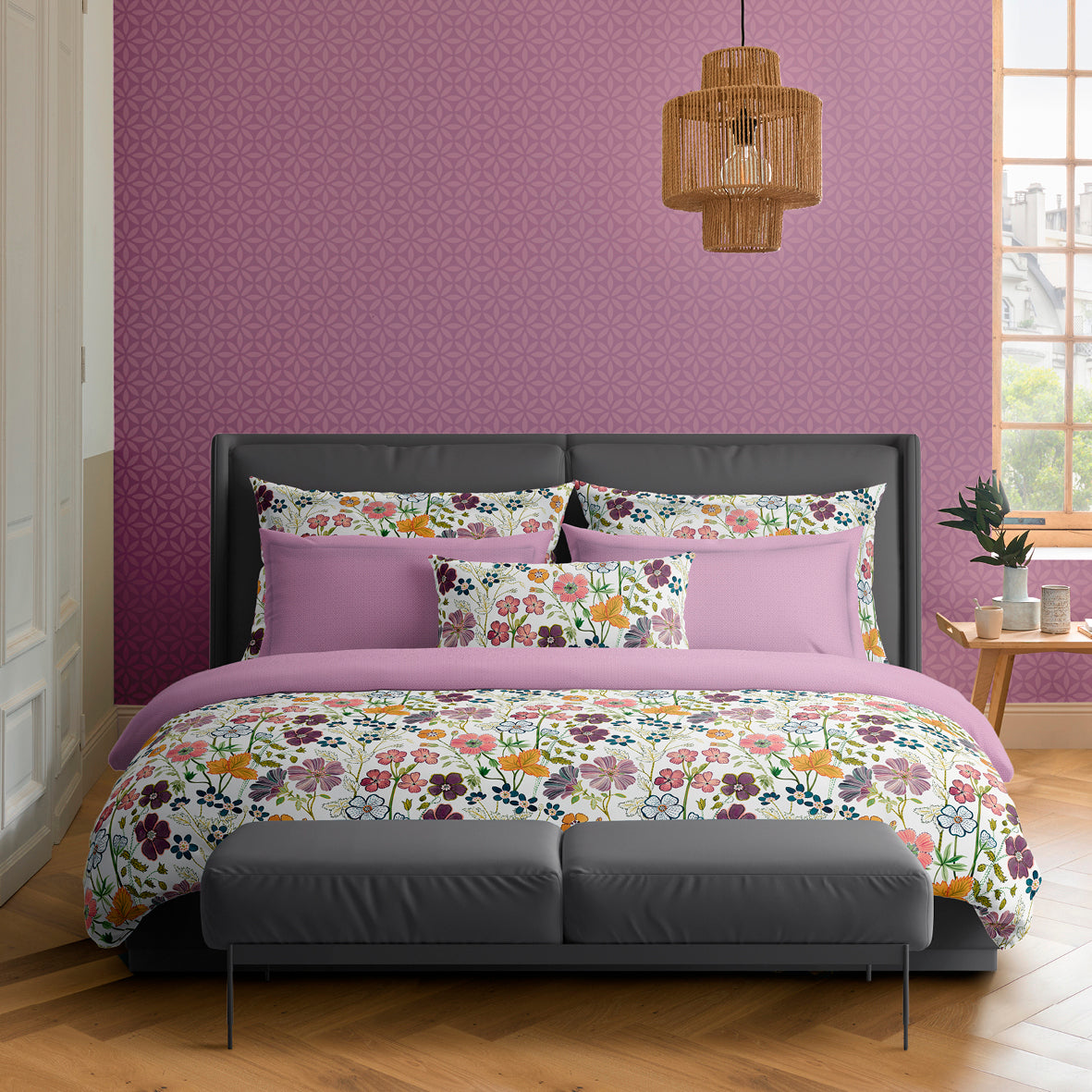 Flat sheet cotton satin - Lina fleurs Purple