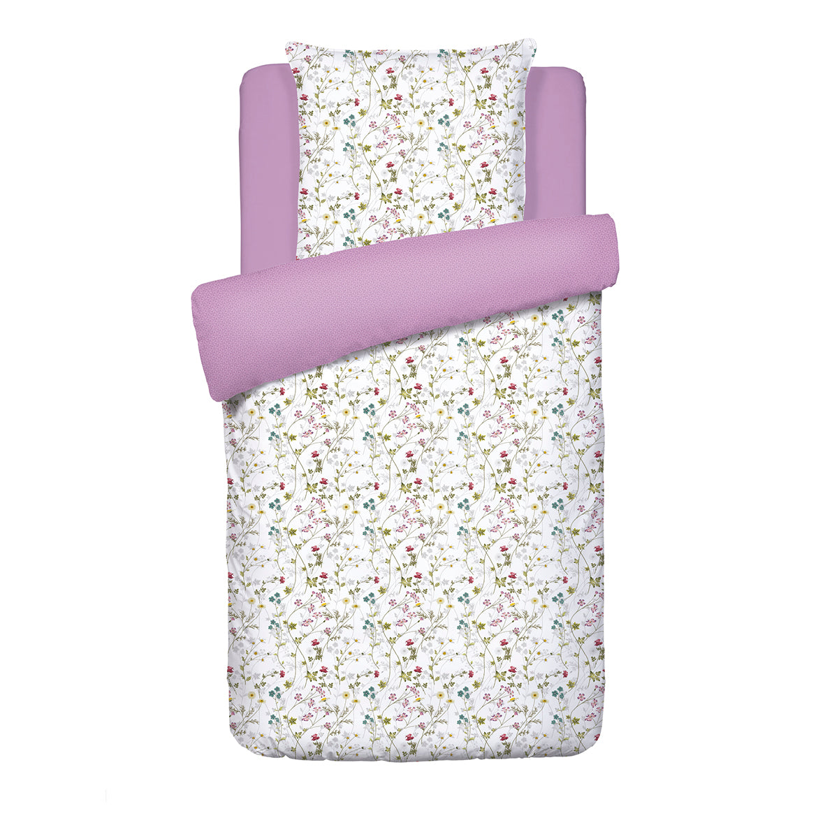 Housse de couette + taie(s) d'oreiller satin de coton - Fleurs sauvages Blanc / Violet