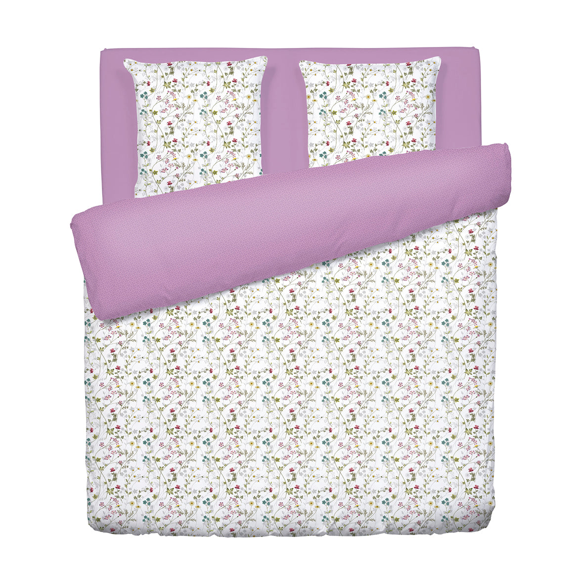 Housse de couette + taie(s) d'oreiller satin de coton - Fleurs sauvages Blanc / Violet